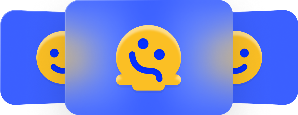 A stylized yellow smiley face with a large, curved blue mouth and two blue eyes, set against a blue background with a blurred effect, creating a layered appearance.